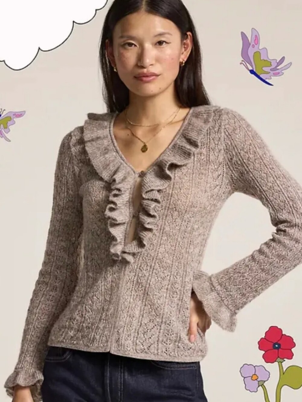Anna Sui For Old Navy Pointelle Ruffle Cardigan In Sedimentary